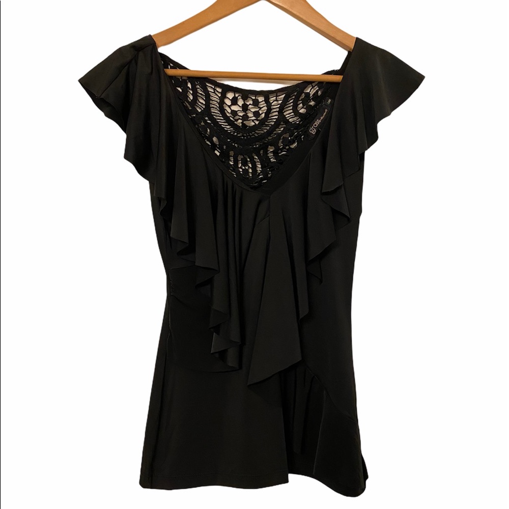 Women’s S Black Ruffle Sexy Short Sleeve Lace Black Shirt Blouse Top